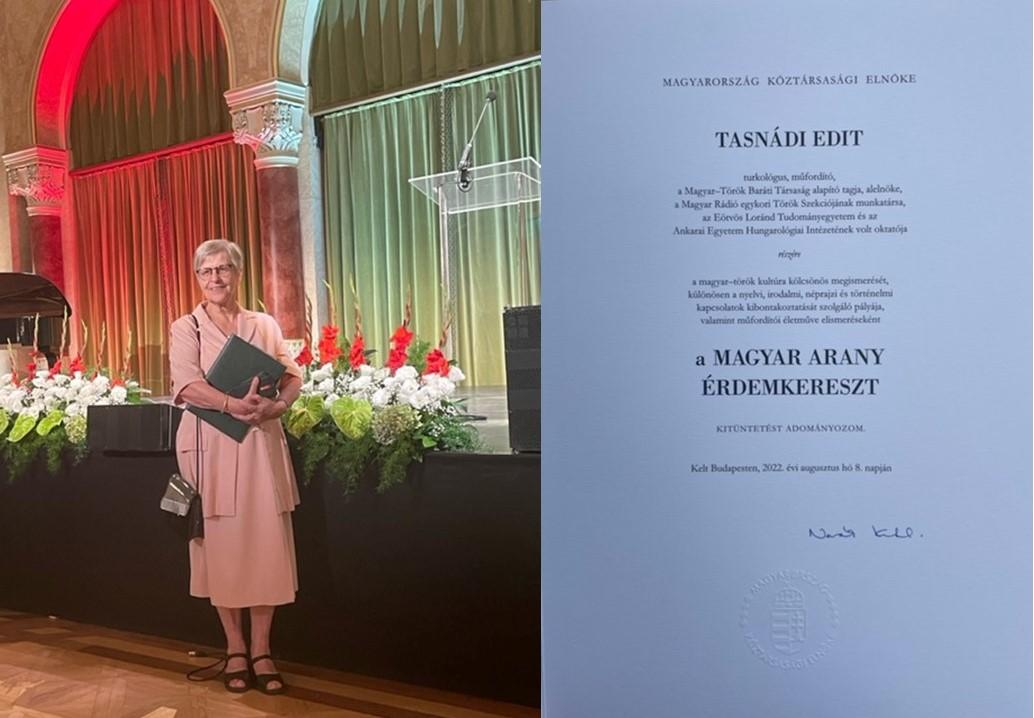Tasnádi Edit Magyar Arany Érdemkereszt kitüntetés átvételekor Tasnádi Edit Magyar Arany Érdemkereszt kitüntetés átvételekor